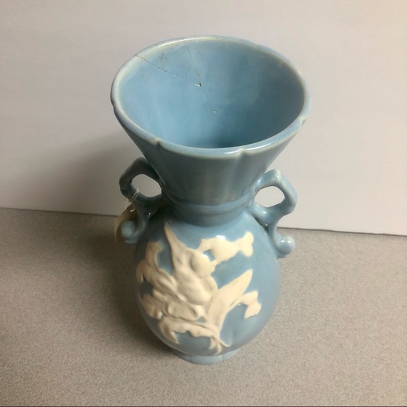 Vintage Blue Weller Pottery Vase Floral with Chip - Picture 2 of 7